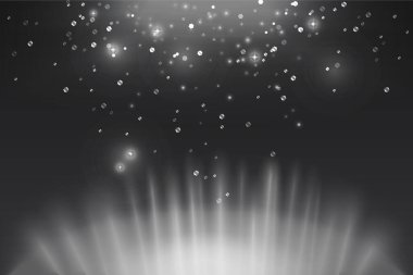 Silver shining with glowing white glitter, shine light effect vector illustration. Bright shiny confetti magic particles and stars, glow of starburst flare on dark black background