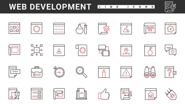 Web Development Technology Thin Red Black Line Icons Set Vector — Stockvektor