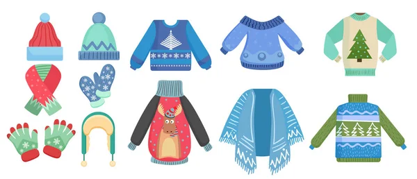 Warm Clothes Cold Winter Autumn Season Set Vector Illustration Cartoon — Διανυσματικό Αρχείο