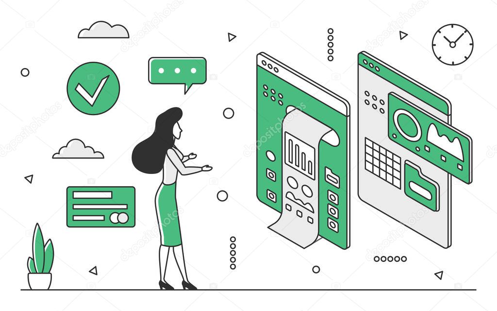 Big data storage and sources. Database information management and reporting system monocolor vector illustration