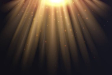 Golden sun shine, light effect vector illustration. Brigh yellow gold glory sunshine of sunbeams shining in radial flare, magic warm glimmer, energy explosion isolated on black background