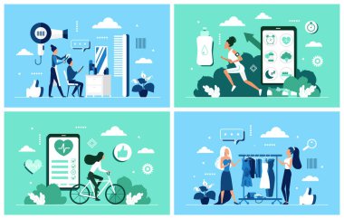 Modern healthy lifestyle and fashion set. Tiny people cut hair in barbershop salon, choose apparel on hangers with personal stylist, sport training with mobile apps and jogging marathon background
