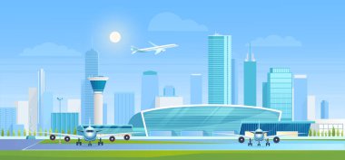Cartoon urban panorama cityscape with airlines architecture, aircrafts on runway, towers of business skyscrapers background. Airport terminal with airplanes, modern city skyline vector illustration.
