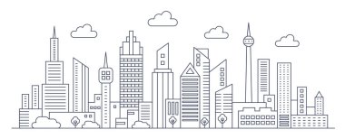 Panorama urban modern city landscape with high skyscrapers, thin line city landscape vector illustration