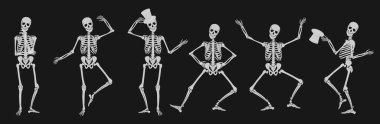 Dancing Human bones skeletons. Different skeleton poses set isolated on black dark background vector illustration.