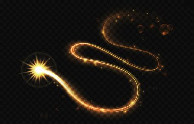 Golden shooting star effect, light line trail of glowing flying star comet vector illustration. Glitter sparkle star trail light, magic comet meteor dynamic curve on transperant dark background