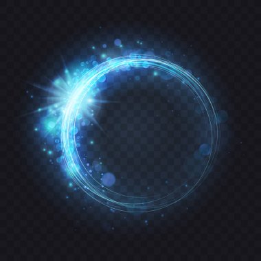 Magic glowing round lines with sparkling glitter particles, flare lens shimmer on transparent dark background. Blue neon luminous spark ring portal, abstract light frame effect vector illustration