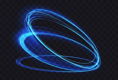 Magic glowing speed energy motion spin, glowing swirl trail circles, bright sparkling lines on dark background. Luminous azure blue glow neon rings, abstract 3d light effect vector illustration.
