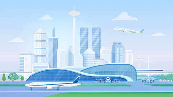 Cartoon Urban Panorama Cityscape Airlines Architecture Aircrafts Runway Towers Business — Stock vektor