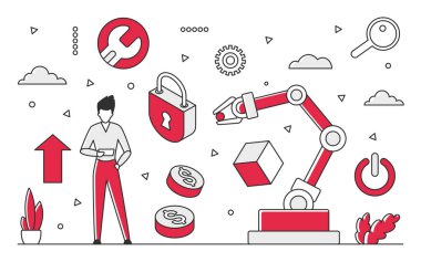 Manufacturing robot arm. Industrial automatic equipment, factory machinery vector monocolor illustration