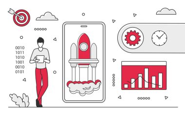 Sky rocket launching trend. New project idea, successful business startup vector monocolor illustration