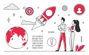 Rocket space exploration. Galaxy investigation, cosmos expedition vector monocolor illustration