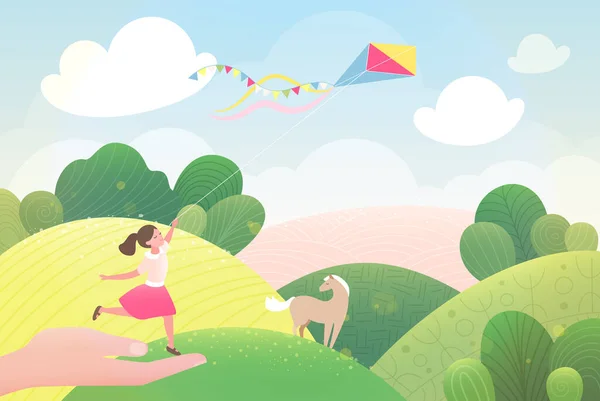 Hand Holding Little Girl Flying Kite Sky Vector Illustration Cartoon — Stockvektor