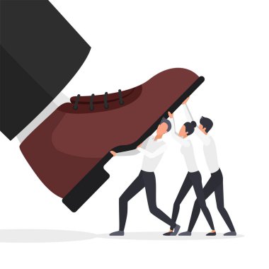 Abuse, crush and attack of giant boss foot to business people vector illustration. Cartoon team of small employees fighting with big shoes of corporate leader. Authority, leadership, conflict concept