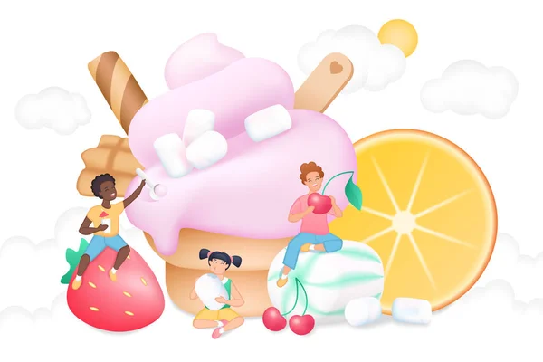 Ice Cream Soft Serve Waffle Cup Fruit Berry Tiny Children — Stock vektor