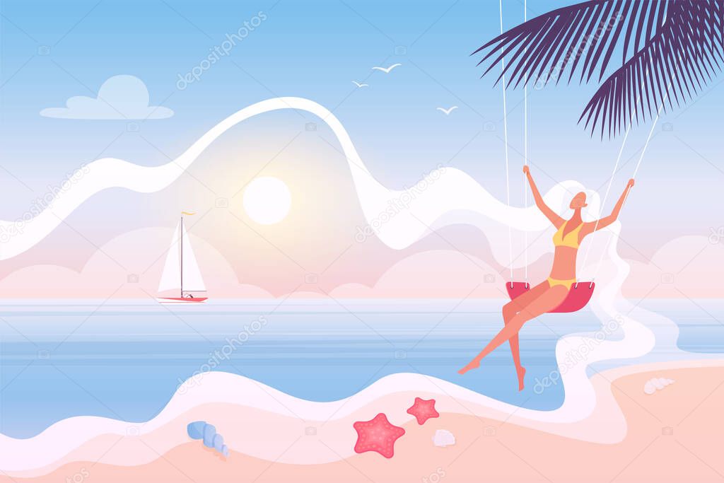 Summer vacation and holidays on sea or ocean coast vector illustration. Cartoon young woman sitting on swing on tropical beach, girl swinging over sea waves and sand background. Dream, freedom concept