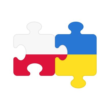 Puzzle pieces with flags of Poland and Ukraine. Parts with national symbols of European countries joining together in cooperation, friendship and dialogue between two partners Warsaw and Kyiv