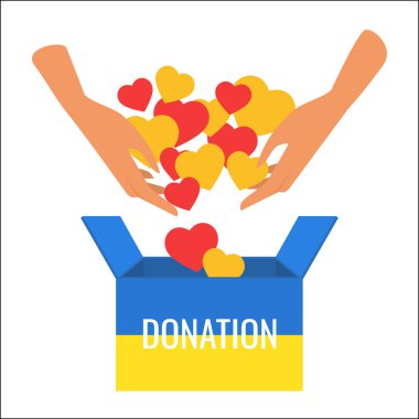 Hands of volunteer throwing hearts into donation box with yellow blue flag of Ukraine vector illustration. Cartoon person holding hope signs to donate and help citizens of Ukraine. Charity concept