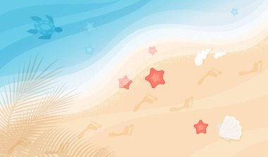 Footprints on sand beach, top view vector illustration. Cartoon tourists foot prints on sea or ocean coast with blue waves, turtle, starfish and palm leaf shadow background. Summer vacation concept