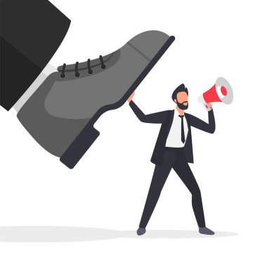 Pressure, violence and kick of giant foot to man employee with megaphone vector illustration. Cartoon manager shouting into loudspeaker about tyranny, leadership problem. Freedom, protest concept