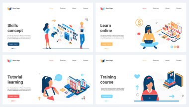 Training skills and business competence, online education set vector illustration. Cartoon students study for future career growth, development concept for banner, website design or landing web page