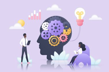 Etkili fikir geliştirme, zihin geliştirme ve tecrübe vektör çizimi. İnsan beyninde çarklar, kişisel eğitim ve araştırma süreçleri olan küçük insanlar insan kafasındaki dişli makine mühendisliği yapıyorlar.