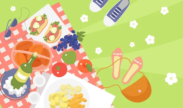 Jedzenie Piknik Widok Góry Wektor Ilustracji Weekendowy Obiad Kreskówkowy Ogrodzie — Wektor stockowy