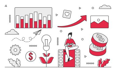 Video tanıtım pazarlaması. Sosyal medya stratejisi, içerik vlog vektörü tek renk illüstrasyonuna bağlanıyor