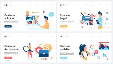 İş başarısı, analitik ve geliştirme vektör çizimi. Çizgi filmlerdeki küçük insanlar finansal eğilimi, veri ve proje analizi konseptini, web sitesi tasarımını veya iniş web sayfasını araştırıyorlar