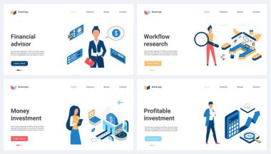 Mali çözümler, organizasyon süreci ve iş veri analizi vektör illüstrasyonunu belirledi. Çizgi film çalışanları danışmanlık, pankart hizmet kavramı, web sitesi tasarımı veya iniş web sayfası