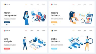 Finansal teknoloji, iş stratejisi, büyük veri analizi, vektör çizimi. Çizgi film insanları analitik platform konsepti, web sitesi tasarımı ya da iniş web sayfası hakkında araştırma yapıyorlar