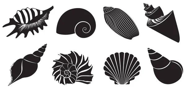 Seashell Dark Black Silhouettes Set Vector Illustration — Stock Vector