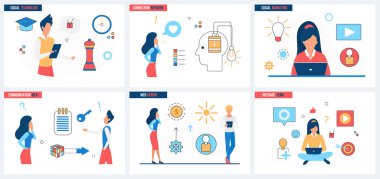 Web teknolojisi, ağ iletişimi vektör çizimi. Pazarlama ekibinin çizgi film insanları küresel veri bilgileri, afiş stratejisi konsepti, web sitesi tasarımı veya iniş web sayfası ile çalışırlar