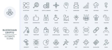Kripto para birimi, blok zinciri ince çizgi simgeleri vektör illüstrasyonunu ayarlayın. Küresel dijital kripto para trendlerini özetle, fintech döviz analizi ve bitcoin veri madenciliğinden kâr, başlangıç roketi
