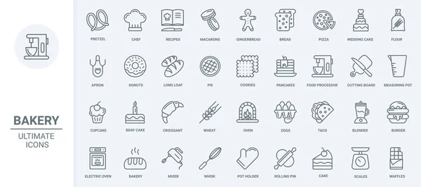 Bakery Food Menu Kitchen Equipment Thin Line Icons Set Vector — Stock Vector