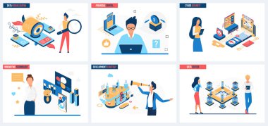 Gelecekteki teknoloji ve yenilik içeren iş başarısı stratejisi vektör çizimi. Çizgi film insanları şirket, afiş, web sitesi tasarımı veya iniş web sayfası için liderlik kavramı geliştirir