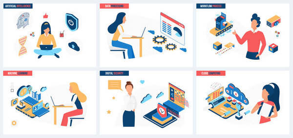 Векторная иллюстрация процесса автоматизации управления данными. Мультфильм люди работают онлайн с информацией, автоматической системой ИИ и компьютерной концепцией баннера, веб-дизайна или приземления веб-страницы