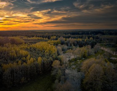 Sonbahar manzarası batan güneşle aydınlanır..