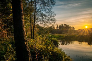 Sonbahar manzarası batan güneşle aydınlanır..