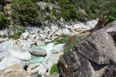 The Yuba River in California and its rocky bed.