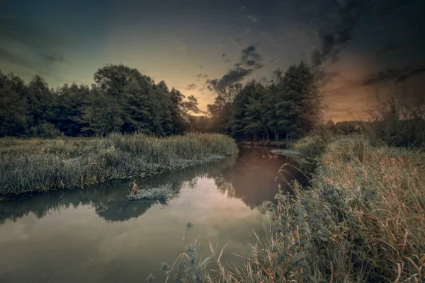 End Summer Illuminated Setting Sun Grabia River Poland — Stock Photo, Image
