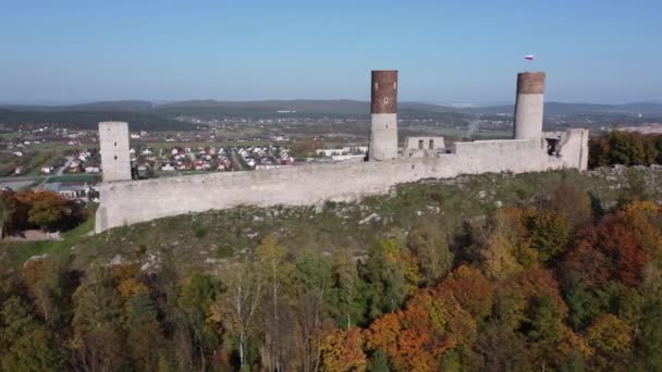 Castillo Checiny Fotografiado Desde Arriba Con Vistas Ciudad Checiny Polonia — Vídeos de Stock