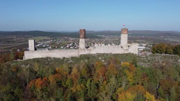 Castillo Checiny Filmado Desde Arriba Con Vistas Ciudad Checiny Polonia — Vídeo de stock