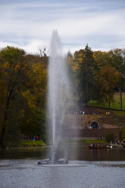 fountain. autumn nature. park attraction with trees and lake. river water and fountain. Uman national park in Ukraine.