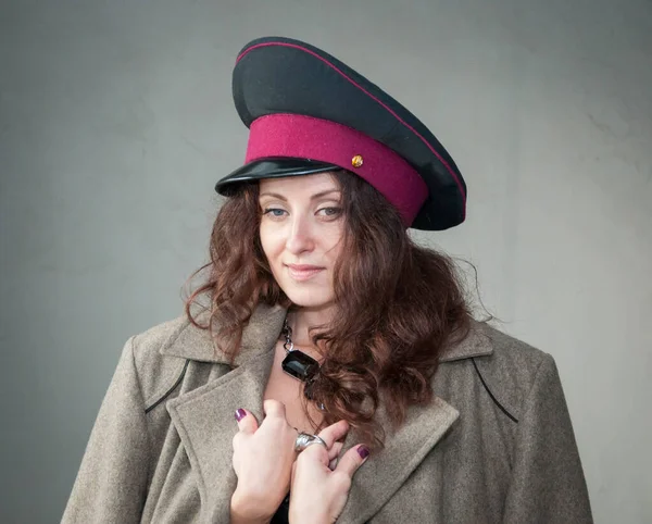 Retrato Mujer Soviética Con Gorra Chaqueta Militar —  Fotos de Stock