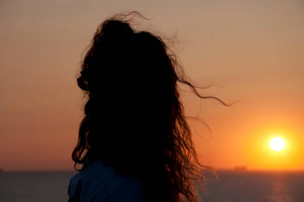 Mujer Joven Silueta Mirada Verano Puesta Del Sol Cielo Con —  Fotos de Stock