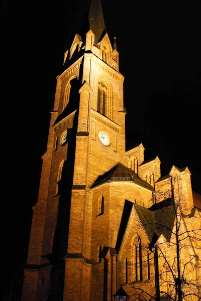 Gothic Cathedral Church Structure Clock Tower Night Illumination Guben Germany — Stock Photo, Image