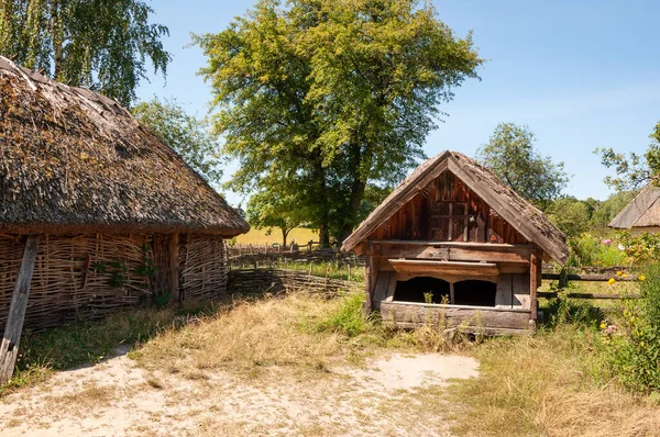 Ukrayna 'nın Pyrohiv kentindeki etnografik açık hava müzesinde sazdan yapılmış çiftlik binaları halk mimarisi.