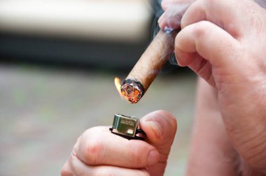 Kül ile Küba purosu. Küba purosuyla çakmak. Küba purosu içmek, makro.