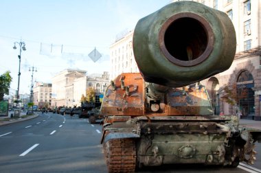 Kyiv, Ukraine - August 22, 2022: destroyed russian military equipment during war against ukraine. copy space